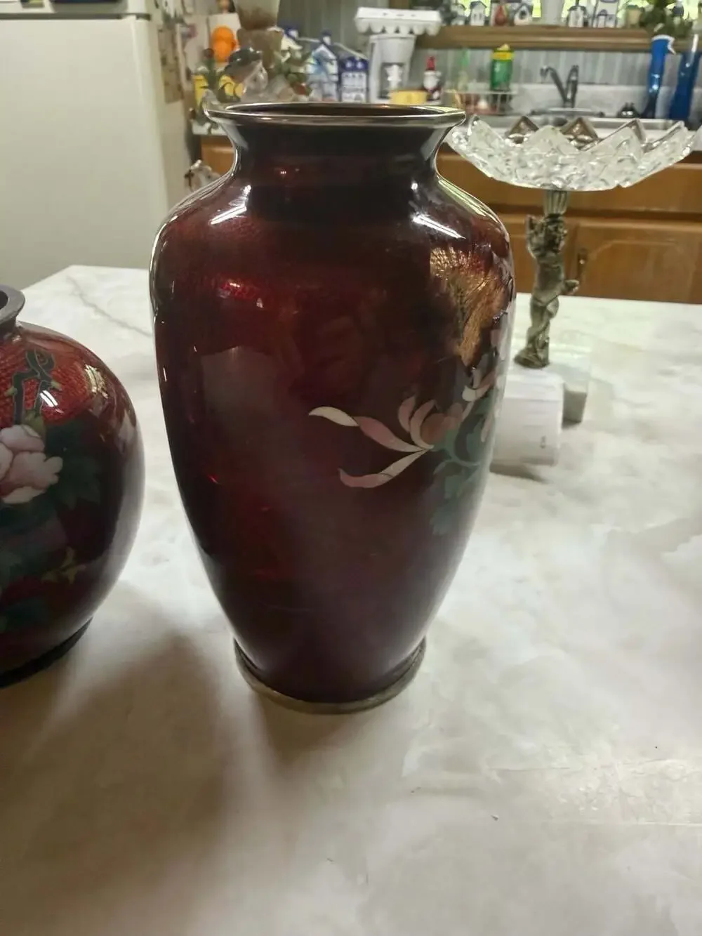 Vintage Japanese Cloisonné Pigeon Blood Red Vases 3 Piece Set Floral and Bird Mo